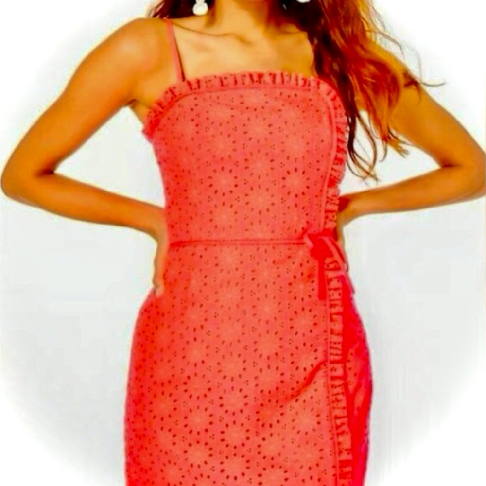 Lilly Pulitzer Jesse Ruffle Romper in Spicy Coral Neon Sunburst Eyelet